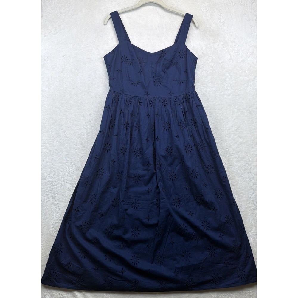 J.Crew Eyelet Maxi Dress Women's 12 Navy Blue Sleeveless Fit & Flare Pockets